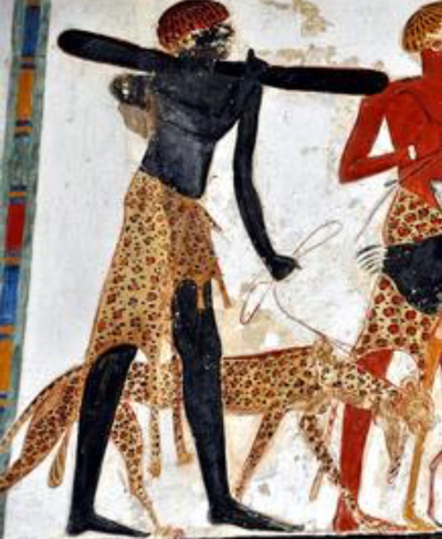 Ancient Egyptian mural showing cheetah on leash