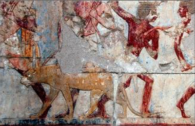 Egyptian with lioness on leash